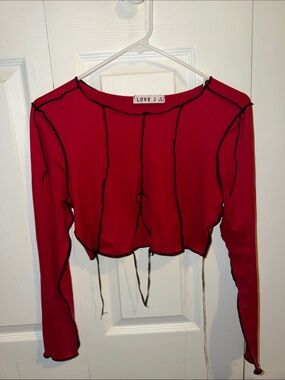 love J Red Long-Sleeve Cropped Top with Black Exposed Seams